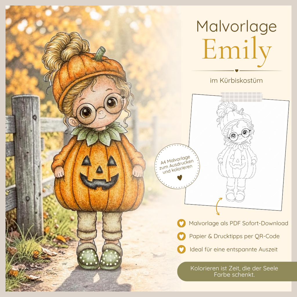 Malvorlage - Emily im Kürbiskostüm