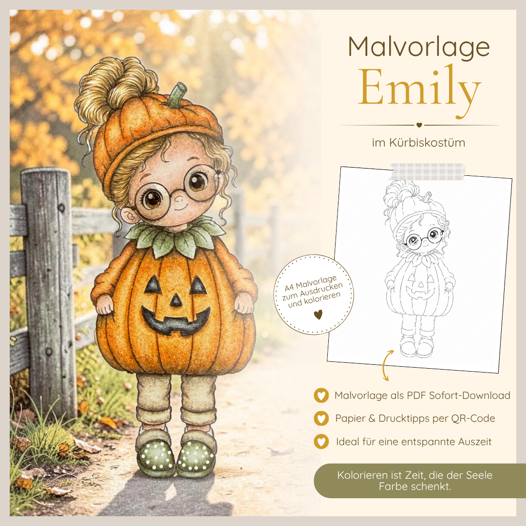 Malvorlage - Emily im Kürbiskostüm